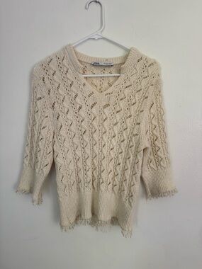 Zara Cream Knit V-Neck Sweater Size Large indie sleaze revival folk inspired